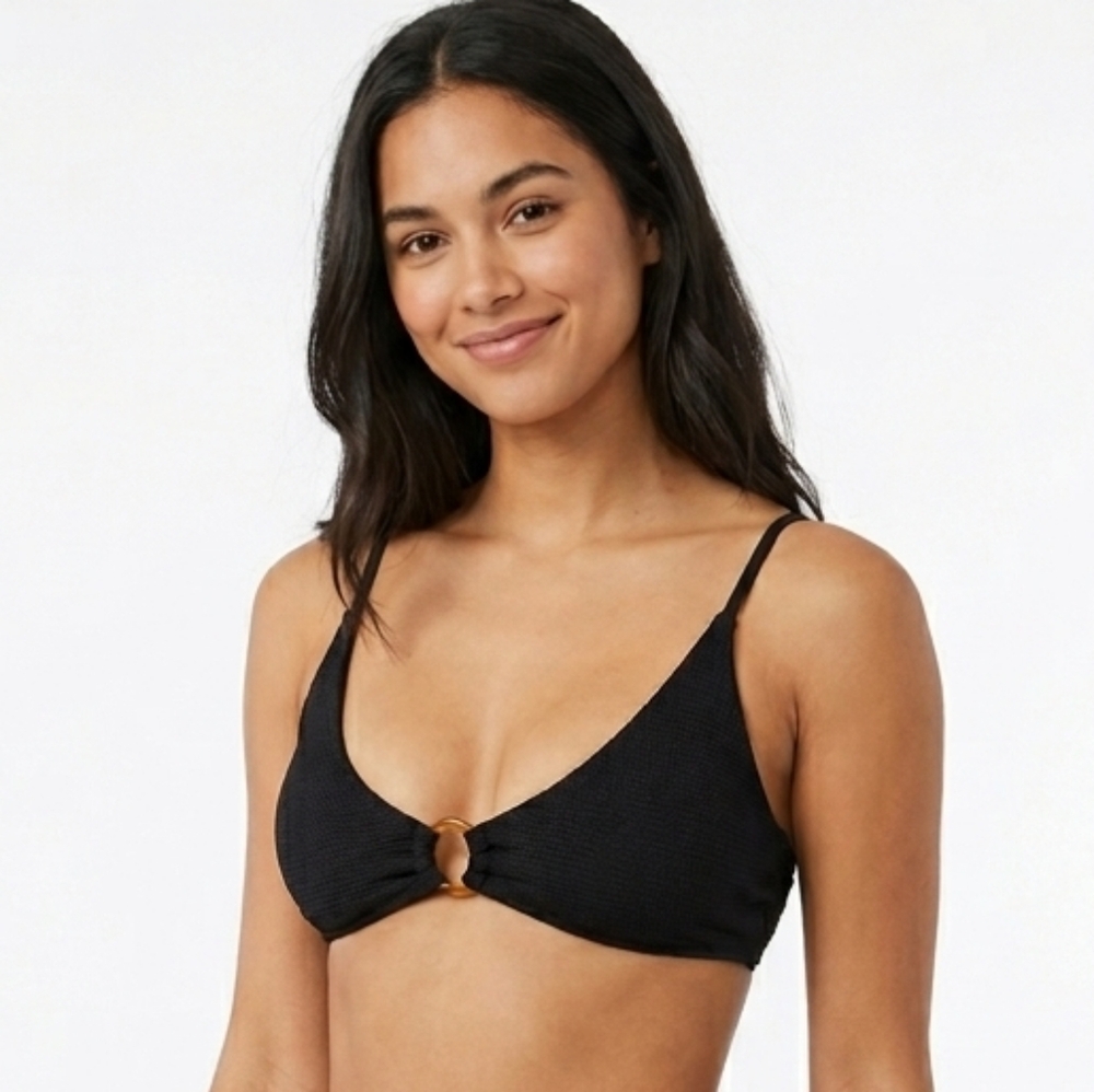 New MINKPINK Loren Ring Bralette Bikini Top Black Size Large Bathing Suit